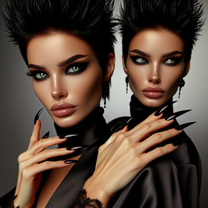 A pale skinned woman, with short black spikey hair, with glowing...