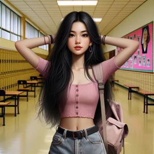 A girl with black hair and white skin pink crop top and jeans sh...
