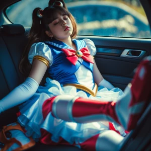 Create an image of a 14-year-old girl dressed in a Sailor Moon-i...