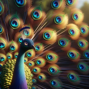 A majestic peacock, rendered in 3D realism, framed in a dynamic,...
