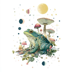 Whimsical illustrated frog, mushrooms, moon phases, mystical for...