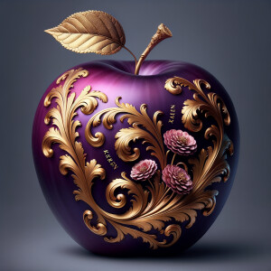 Envision a lustrous, oversized apple with a surface that gleams in a radiant shade of purple, as if lacquered to a high shine, reflecting light from its smooth, curvaceous form. The apple is adorned with elegant gold leaf patterns that swirl luxuriously around its contour, bringing a baroque opulence to its appearance. The stem, a bronzed sculpture in itself, supports a single leaf that seems to glow with an inner luminescence. At the apple’s base, a collection of flowers blooms, their petals softening the scene with organic shapes and colors that harmonize with the vibrant purple and gold. Incorporated into the metallic filigree in an artful script is the name "Karen," as if the apple were personally inscribed, enhancing the custom and bespoke quality of the piece.