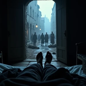 First-person view from a medieval bed, feet under dark, rumpled...