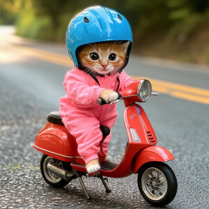 An orange kitten with black eyes wearing a blue helmet wearing a...