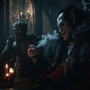 Dracula, a pale and menacing vampire with sharp fangs, is leisur...