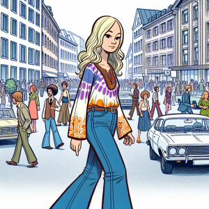 a girl in 70s attire walking down the street