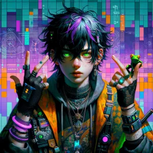 anime punk rock boy with neon green eyes, black face-framed mess...