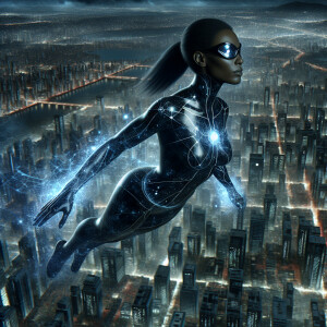 A Nigerian female superwoman in flight named Shadow Force wears...