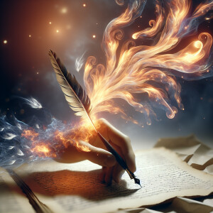 Create a surreal image where a hand, constructed entirely from d...