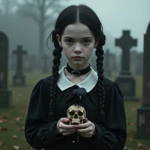 A gothic young girl with pale skin and long, sleek black braids,...