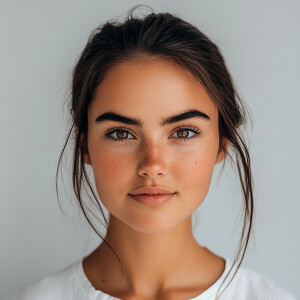 A portrait of a cute 21-year-old Utahn woman with a clean face,...