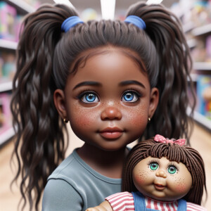 Create a 3-D realistic image of an African-American little girl above the age of five she has huge, blue eyes and thick long ponytails.
She is in a toy store and she is playing with her favorite african-American Cabbage Patch doll , the doll has deep, dimples and freckles