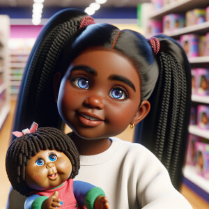 Create a 3-D realistic image of an African-American little girl above the age of five she has huge, blue eyes and thick long ponytails.
She is in a toy store and she is playing with her favorite african-American Cabbage Patch doll , the doll has deep, dimples and freckles