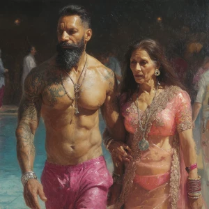 Hyperrealistic oil painting.a gujarati muscular beefy bearded ta...