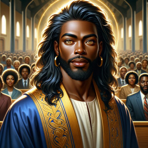Illustrate an inspiring African-American Jesus crust with a dign...