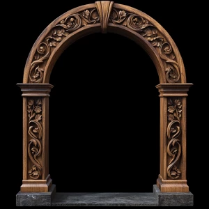 A wooden archway, centered in the image. The arch is carved with beautiful scroll pattern out of several different shades of wood colors. The floor shows natural stone.   The archway has a smooth, semi-circular shape and is also adorned with beautiful carvings.  The wood has a rich, dark brown color with lighter, streaky highlights.  The interior of the archway is completely black. The archway sits atop a natural stone base.  The framing of the archway, with its pillars and base, provides a sense of depth and structure. The background is a plain,black.The overall style is rustic, minimalist, and natural, evoking a sense of warmth and organic beauty. The lighting is even, casting no distinct shadows within the image, which enhances the focus on the wood texture and its details. The perspective is straight-on, looking directly at the archway.