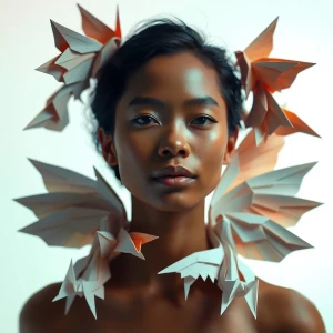 A portrait of a person surrounded by intricate origami sculpture...