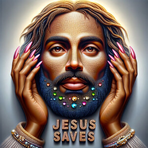 A 3D realistic artwork featuring the phrase 'Jesus Saves' adorne...