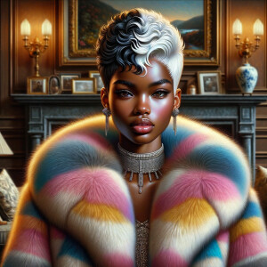 a full body veiw of a colorful gloss hyper realistic oil painting of a regal beautiful light skinned afro  American girlwith beautiful pixie cut one side of hair is black and the other side  of her hair white slick baby hair and furry white and pink and blue furry coat and outfit under the coat standing in living room with fireplace