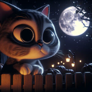 Beautiful realistic cat with big eyes, sitting on a fence in the...