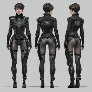 A digital art character design sheet showcasing a futuristic fem...
