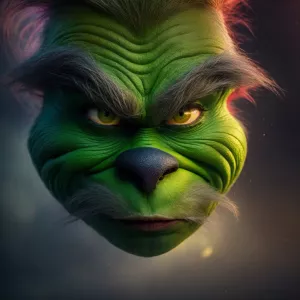 A close-up photo of The Grinch's face, rendered in a surrealisti...