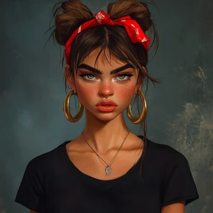 a girl with brown hair, thick eyebrows, pumped up lips, a potato...