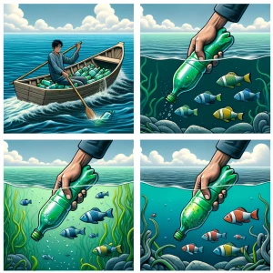 A man in a boat on the ocean throws a plastic bottle into the wa...