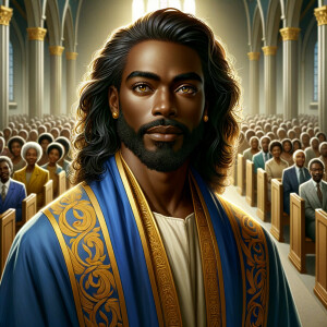 Illustrate an inspiring African-American Jesus crust with a dign...