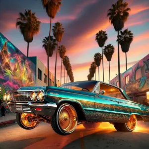 A candy-painted 64 Chevy Impala, dripping in metallic teal with...