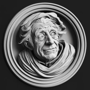 Design a grayscale 3D bas-relief of Ebenezer Scrooge , featuring...