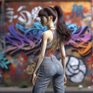 Athletic Thin skinny Attractive, Asian teenage girl, long brown hair and bangs, wearing tight skinny jeans and a halter top paint marks on her clothing, heroic pose Asian graffiti background, backside view