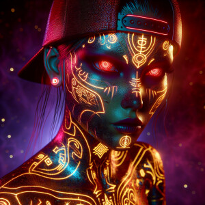 A futuristic alien female Hispanic rapper with a neon-lit backwa...