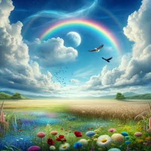 Beautiful heavenly scene of open field and blue sky with a few f...