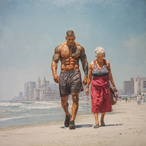 Hyperrealism  painting .a muscular sweaty criminal  man walking...