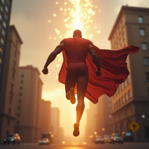Create an image of a Nigerian superhero dramatically leaving a c...