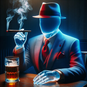 Invisible man wearing a blue or red suit, hat and tie, his face,...