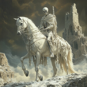 a skeleton riding on the back of a white horse, by Darek Zabrock...