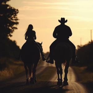 Silhouette of a father and teenage daughter from behind, riding...