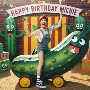 Create a vibrant birthday party scene with a pickle theme. Inclu...