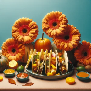 Modern fun thanksgiving background with tacos, orange gerber dai...