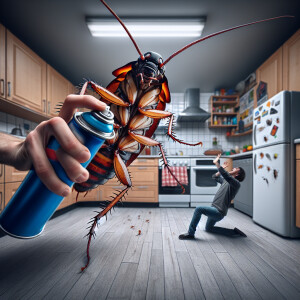 A hyper-realistic and detailed photo of a cockroach getting its...