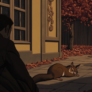Cartoon, a person looks at a squirrel sleeping on the street --s...