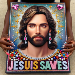 A 3D realistic artwork featuring the phrase 'Jesus Saves' adorne...