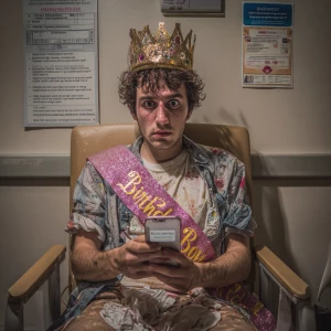 A hyper-realistic, comically exaggerated photo of a 26-year-old...