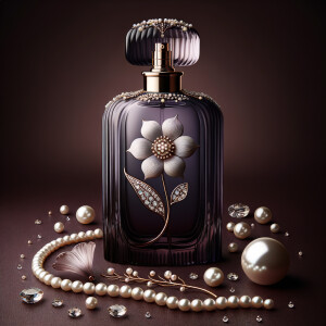 Create an image of a sophisticated perfume bottle that is designed to resemble the silhouette of a woman's figure. The glass of the bottle should be a deep, dark purple, evoking a sense of mystery and luxury. Adorning this unique bottle, there should be a pattern of a single, intricate white and soft pink flower, with a string of pearls that gracefully follows the curves of the bottle's form. The neck of the bottle, slim and elegant, is encircled by a band of gold inlaid with tiny sparkling diamonds, leading up to a large, lustrous pearl that serves as the bottle's cap. Include additional details such as scattered pearls, a petal, and a golden twig with a single pearl on the maroon surface around the bottle, all of which reinforce the sophisticated and luxurious theme. The perfume bottle is a signature piece for a person named Karen, reflecting her refined and elegant taste.