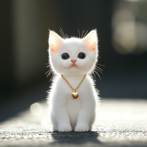 White kitten with a cute face with black eyes standing like a hu...