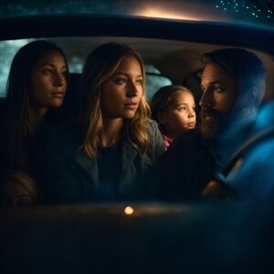 A terrified Caucasian family of three in a modern car on a dark,...