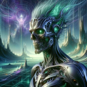 A decayed Lovecraftian Joker with skeletal features and stringy...