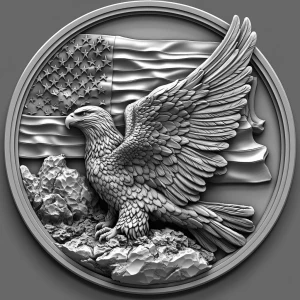 a grayscale bas relief of a mighty eagle wings outstretched with...